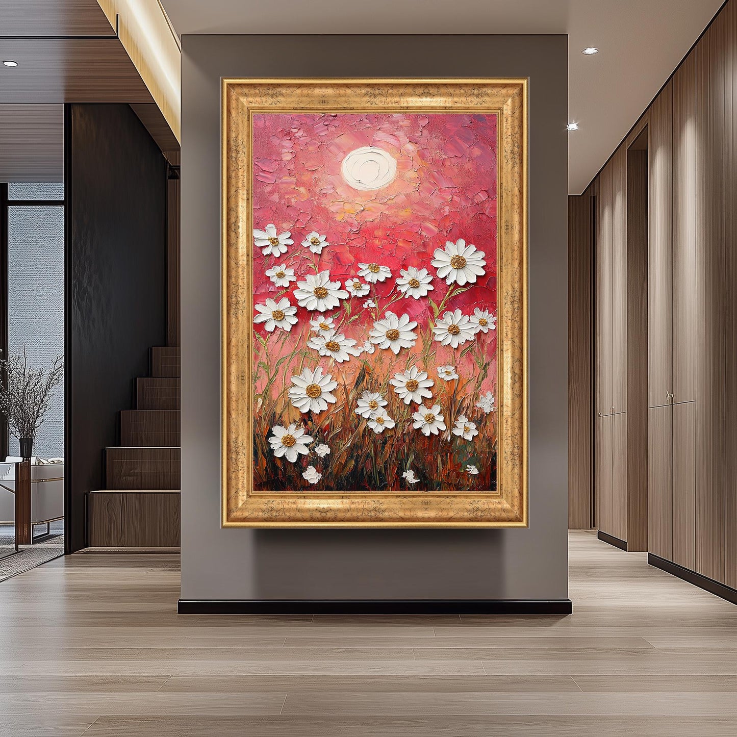 Textured Daisy Field Canvas Print: Warm Sunset, Rustic Floral Wall Art