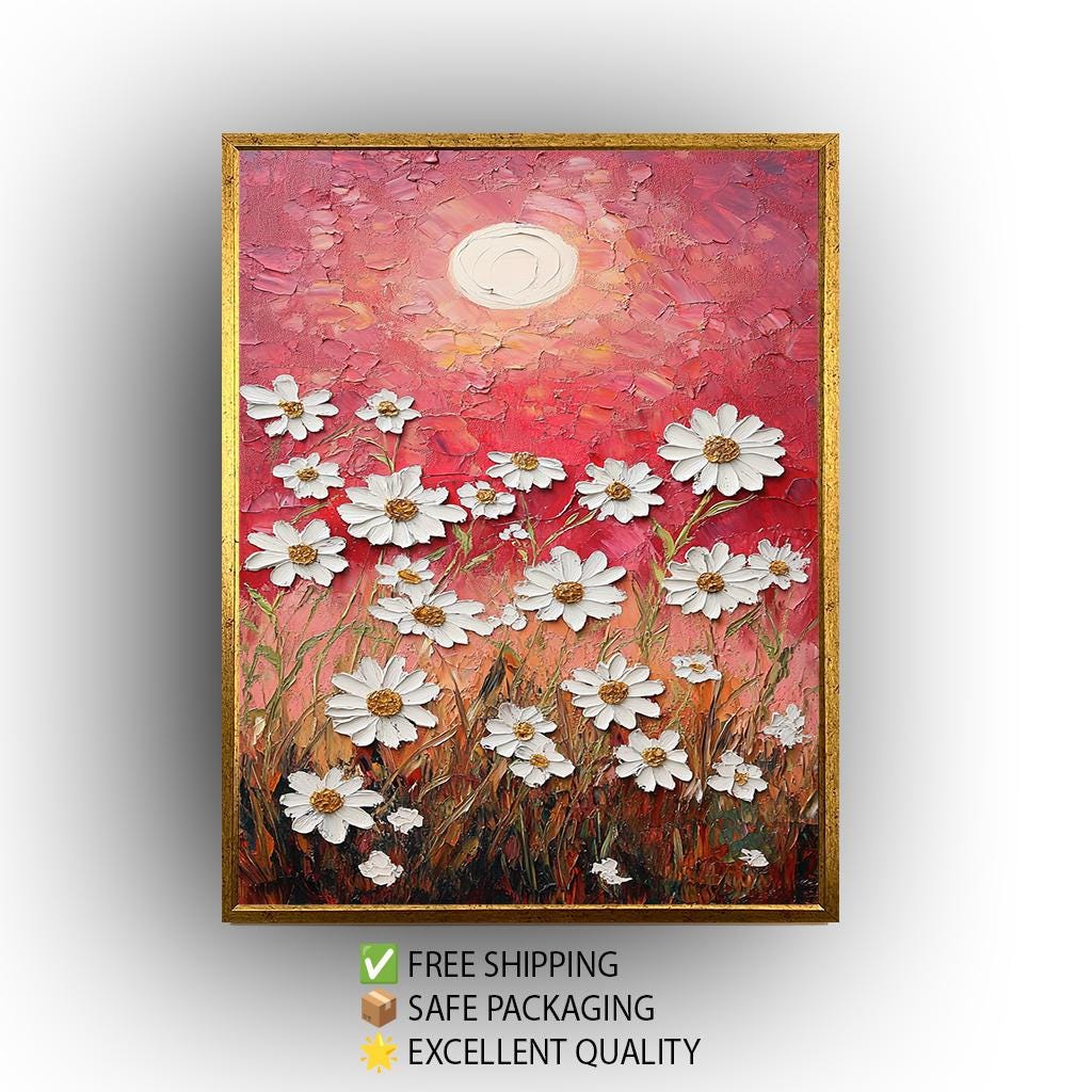 Textured Daisy Field Canvas Print: Warm Sunset, Rustic Floral Wall Art