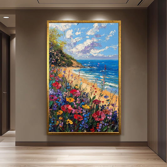 Coastal Wildflower Painting: Textured Beach Seascape Art Print