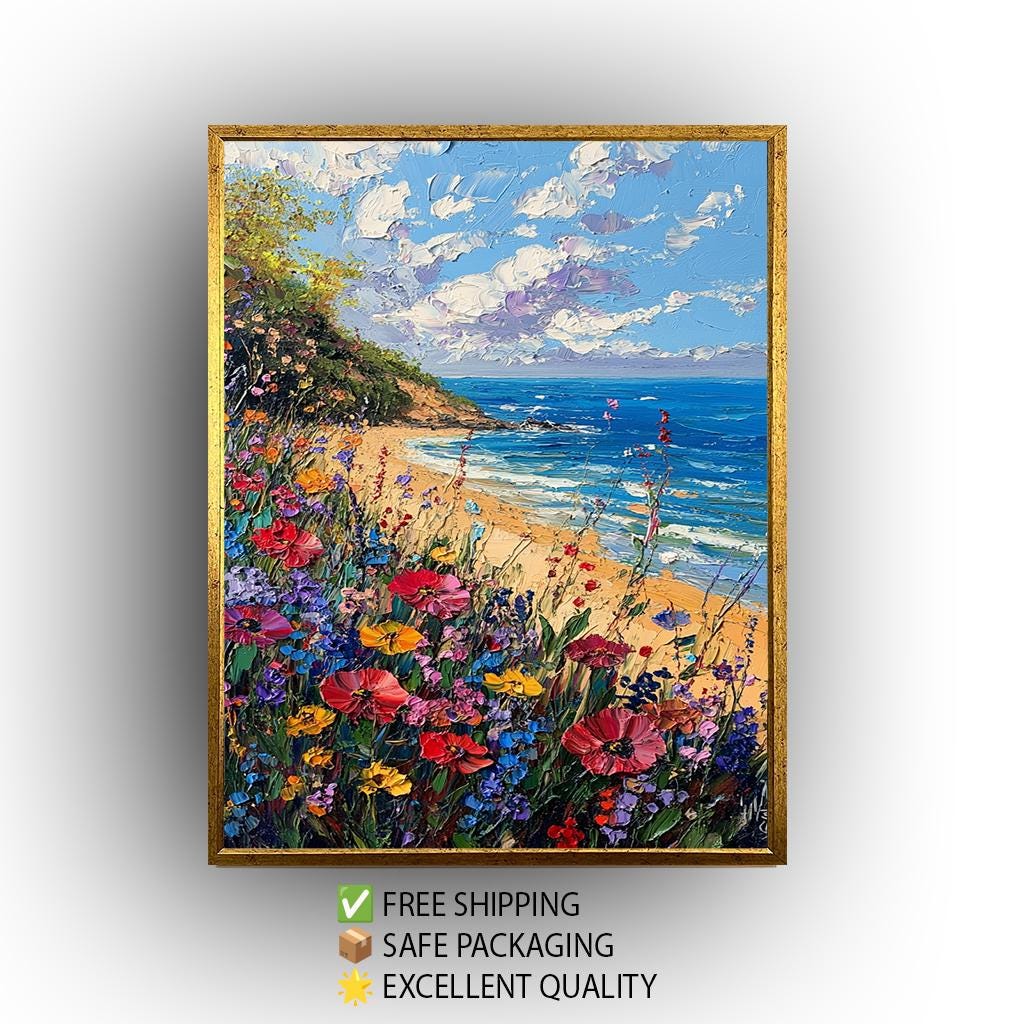 Coastal Wildflower Painting: Textured Beach Seascape Art Print