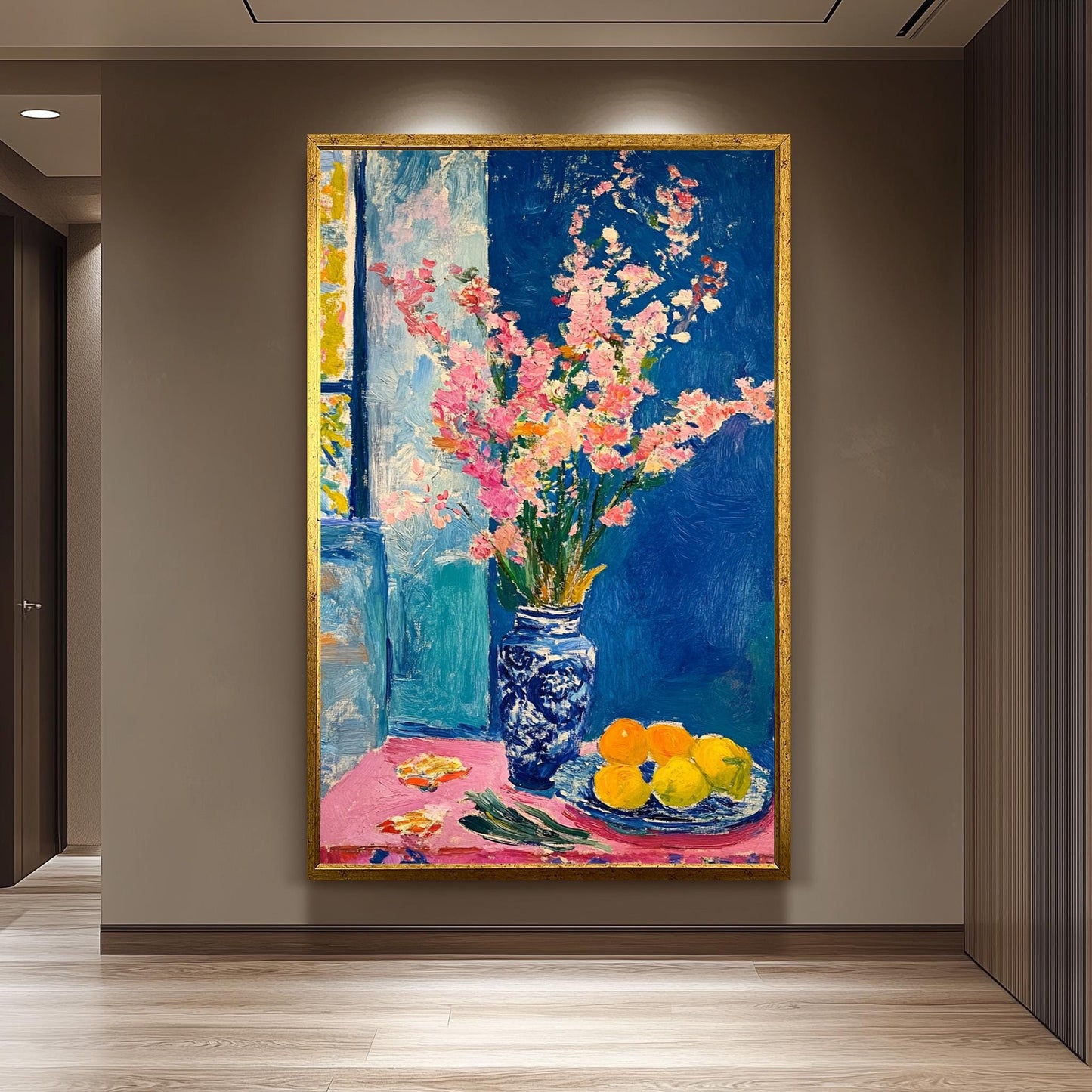 Matisse Style Floral Still Life Art Print: Pink Flowers & Citrus