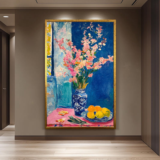 Matisse Style Floral Still Life Art Print: Pink Flowers & Citrus