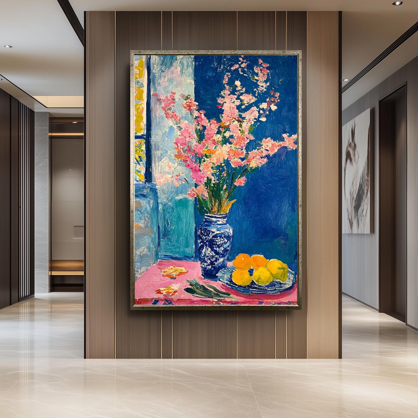 Matisse Style Floral Still Life Art Print: Pink Flowers & Citrus