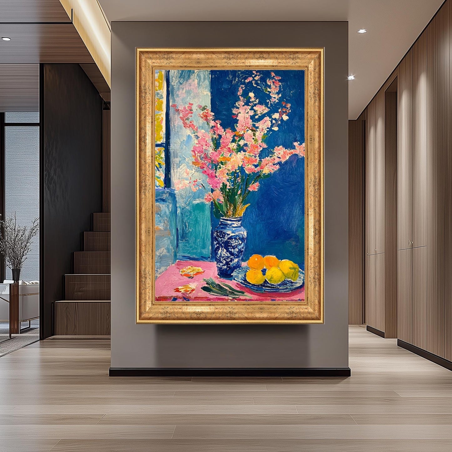 Matisse Style Floral Still Life Art Print: Pink Flowers & Citrus