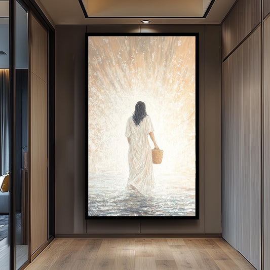 Spiritual Abstract Jesus Wall Art Print in Impressionist Style Featuring Christ in White Robe with Basket Walking Toward Light Jesus Artwork