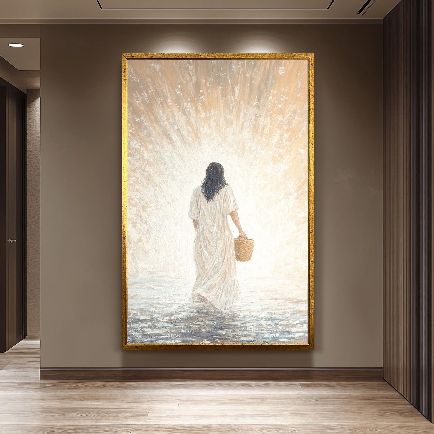 Spiritual Abstract Jesus Wall Art Print in Impressionist Style Featuring Christ in White Robe with Basket Walking Toward Light Jesus Artwork
