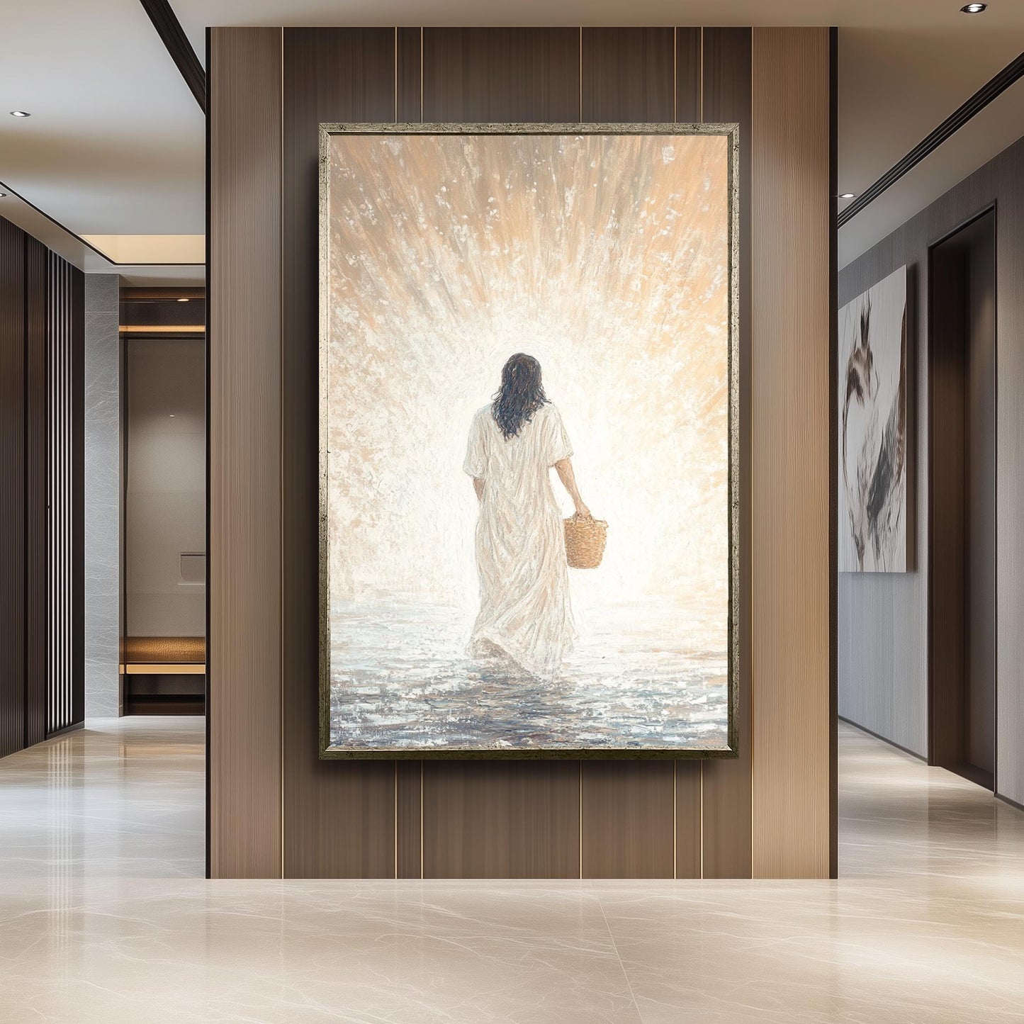 Spiritual Abstract Jesus Wall Art Print in Impressionist Style Featuring Christ in White Robe with Basket Walking Toward Light Jesus Artwork