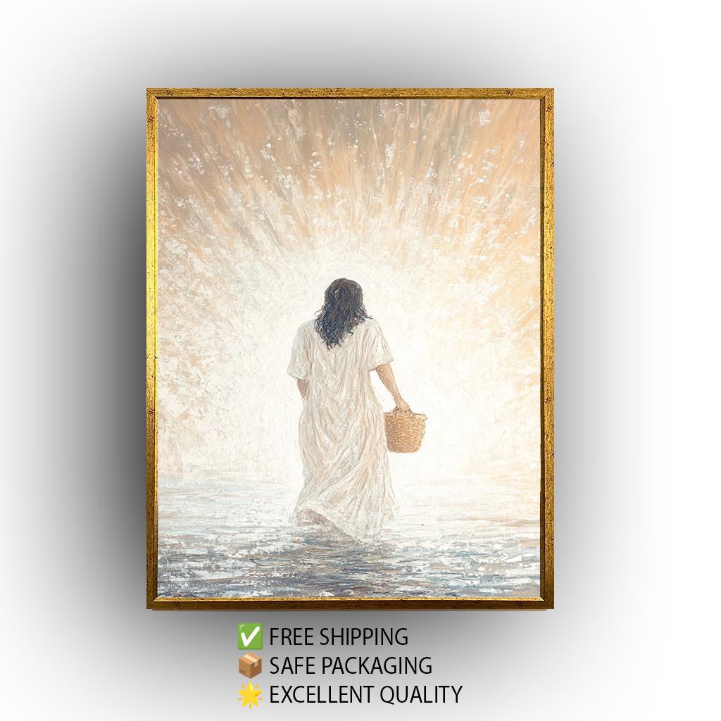 Spiritual Abstract Jesus Wall Art Print in Impressionist Style Featuring Christ in White Robe with Basket Walking Toward Light Jesus Artwork
