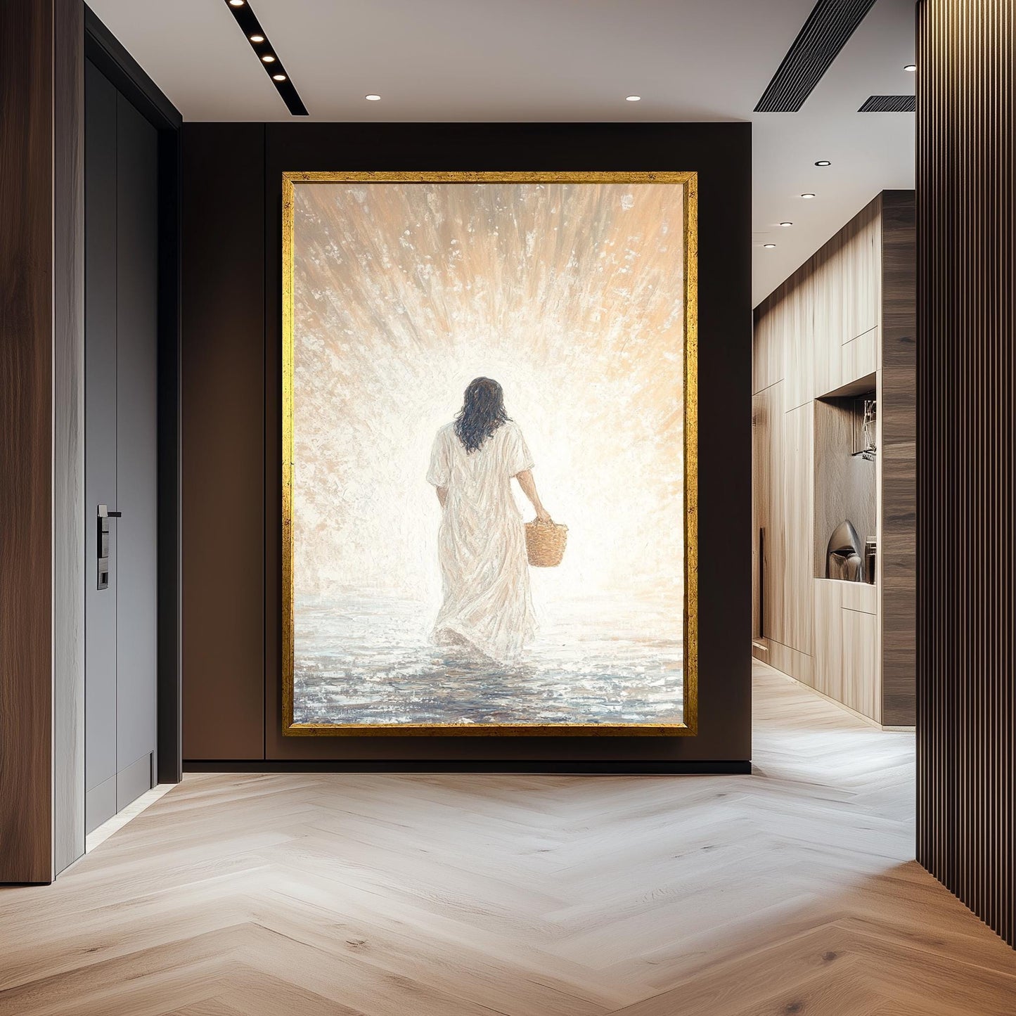 Spiritual Abstract Jesus Wall Art Print in Impressionist Style Featuring Christ in White Robe with Basket Walking Toward Light Jesus Artwork