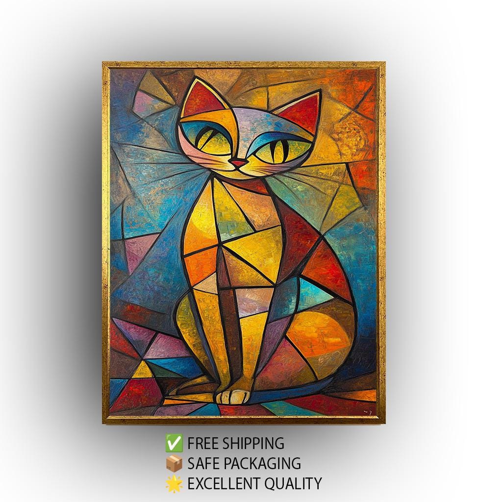 Cubist Cat Art Print: Picasso Style Geometric Animal Decor