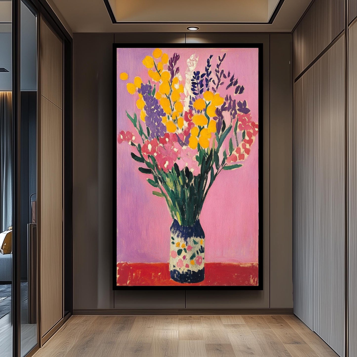 Matisse Style Floral Still Life Art Print: Yellow & Pink Flowers