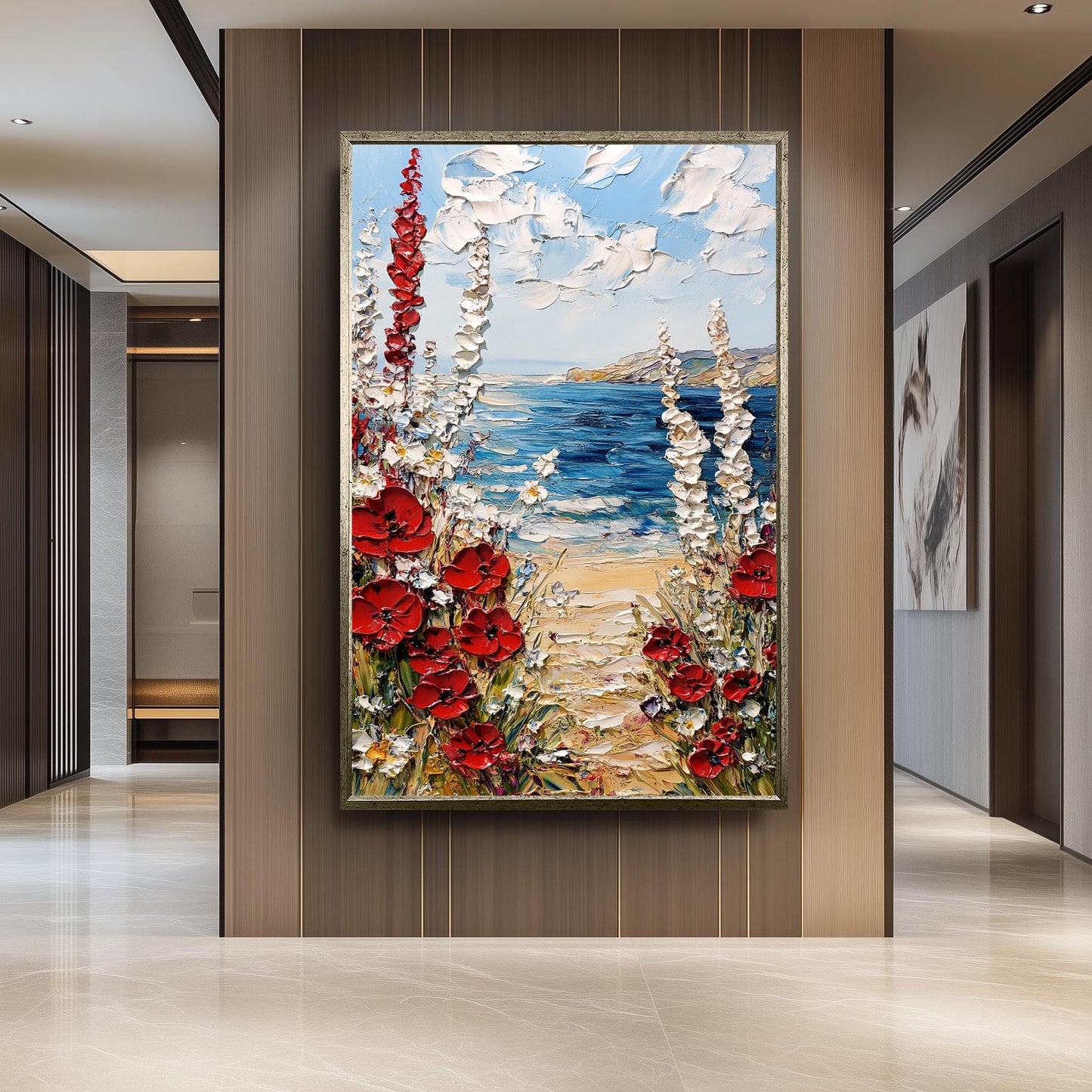 Coastal Poppy Oil Painting Print: Beach Seascape Wall Art
