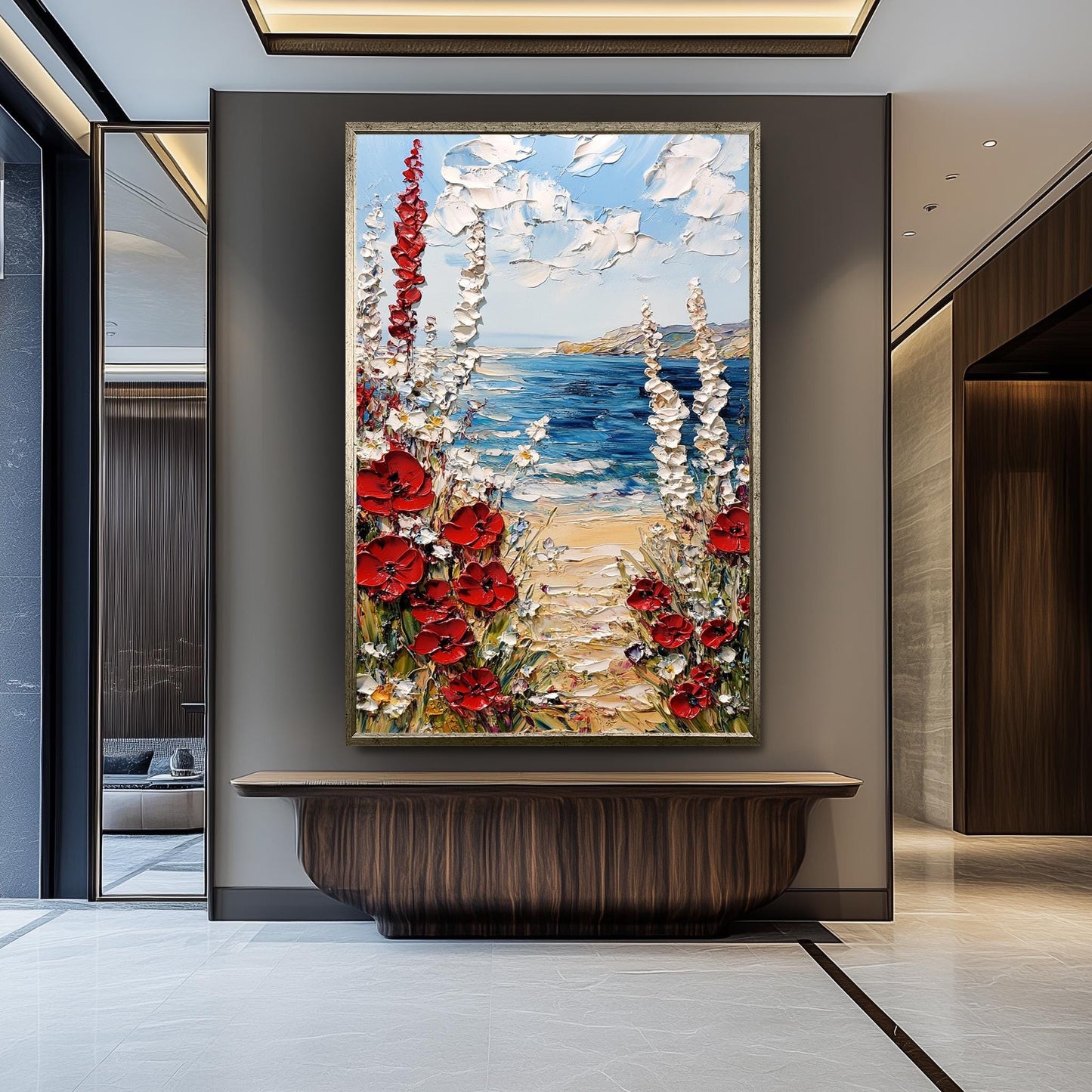 Coastal Poppy Oil Painting Print: Beach Seascape Wall Art