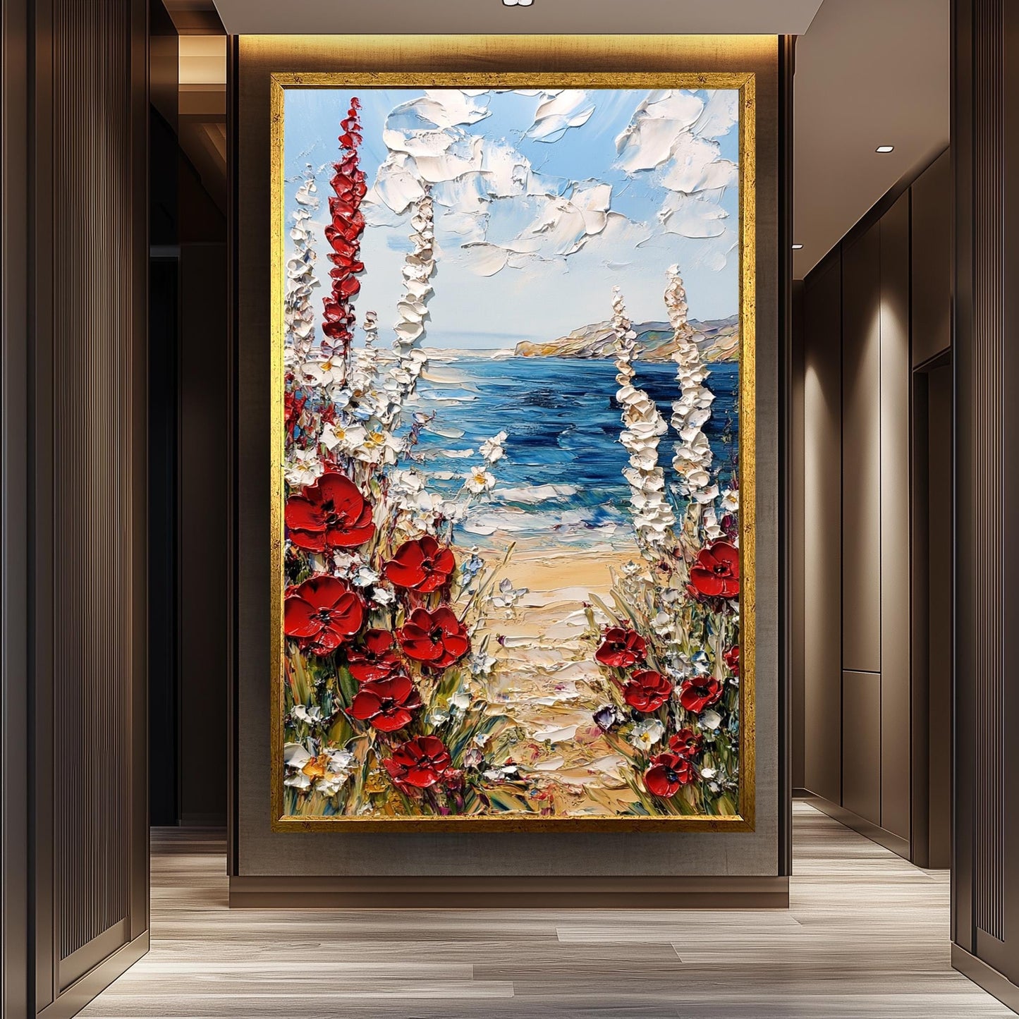 Coastal Poppy Oil Painting Print: Beach Seascape Wall Art