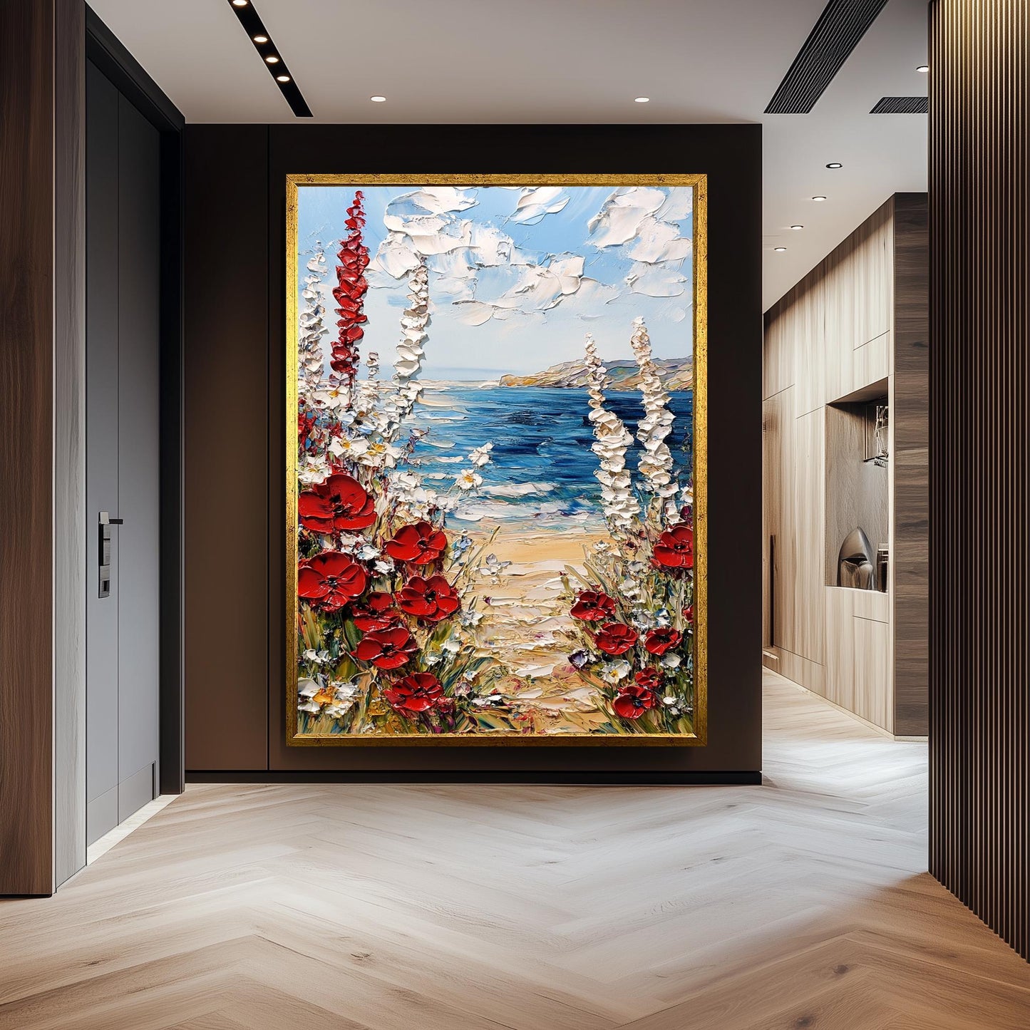 Coastal Poppy Oil Painting Print: Beach Seascape Wall Art