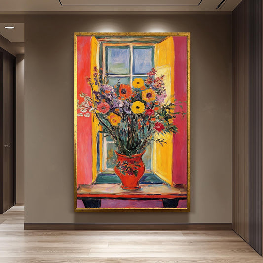 Matisse Style Floral Painting: Colorful Window Vase Still Life Art
