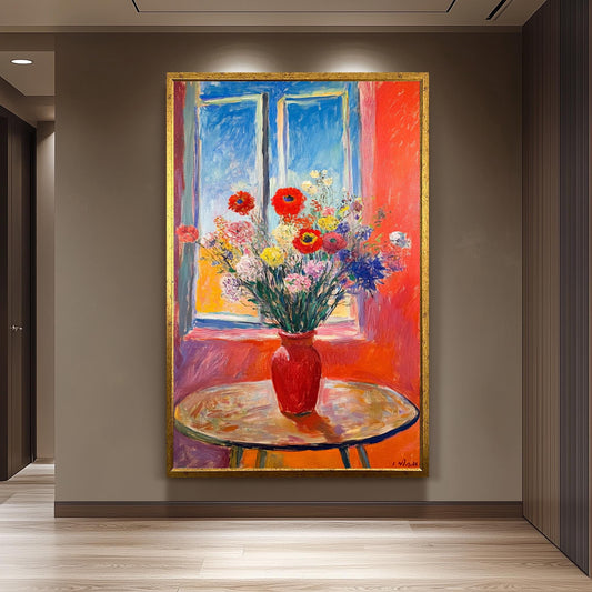 Matisse Inspired Floral Still Life Art Print: Red Vase Bouquet