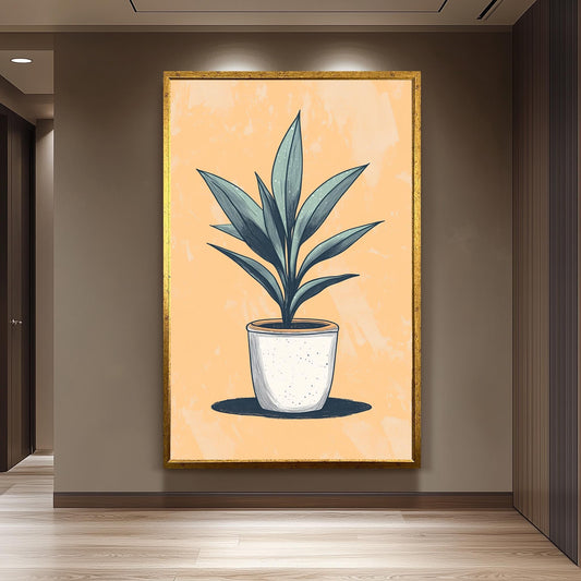 Potted Plant Wall Art: Hand-Drawn Botanical Print on Peach