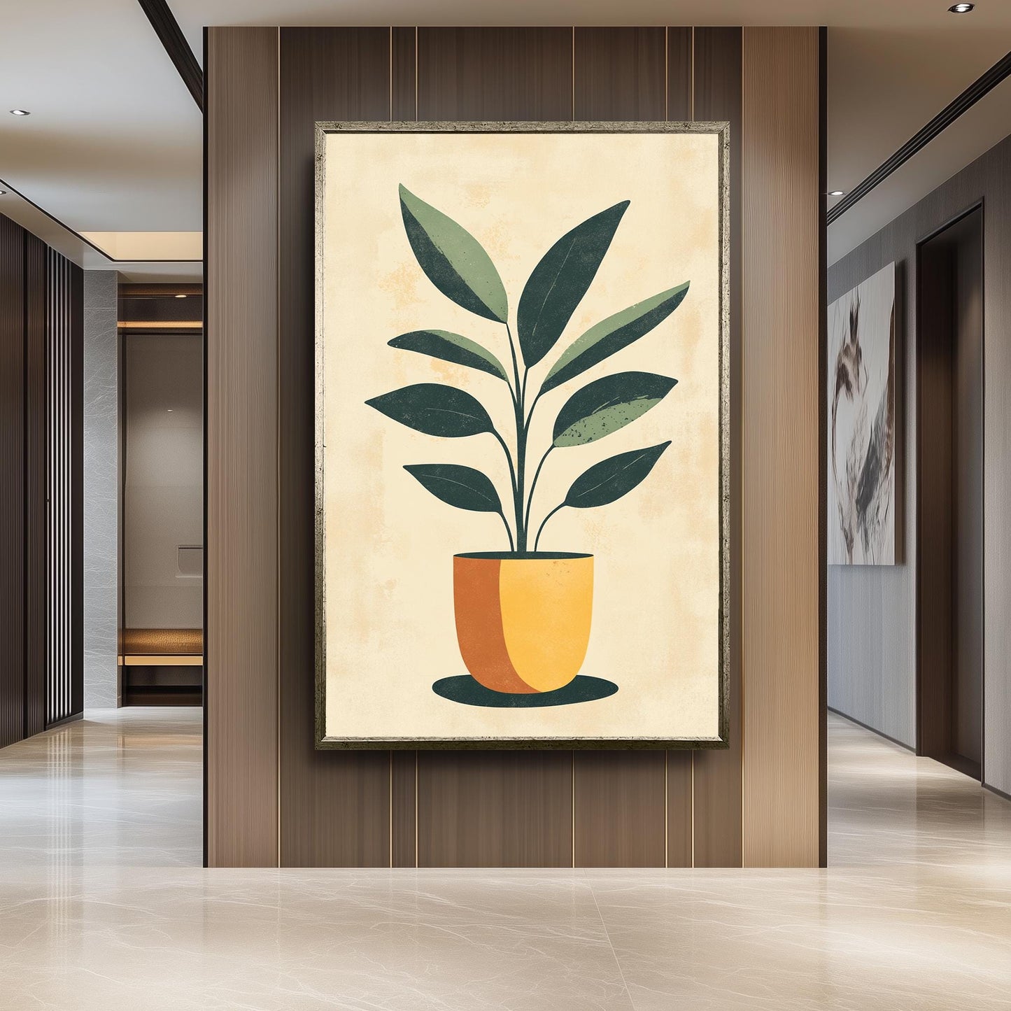 Mid Century Modern Plant Print: Green Leaf in Yellow Pot