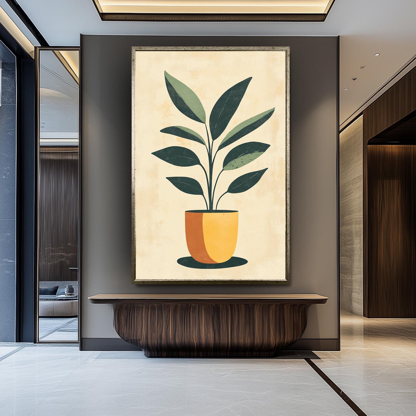 Mid Century Modern Plant Print: Green Leaf in Yellow Pot