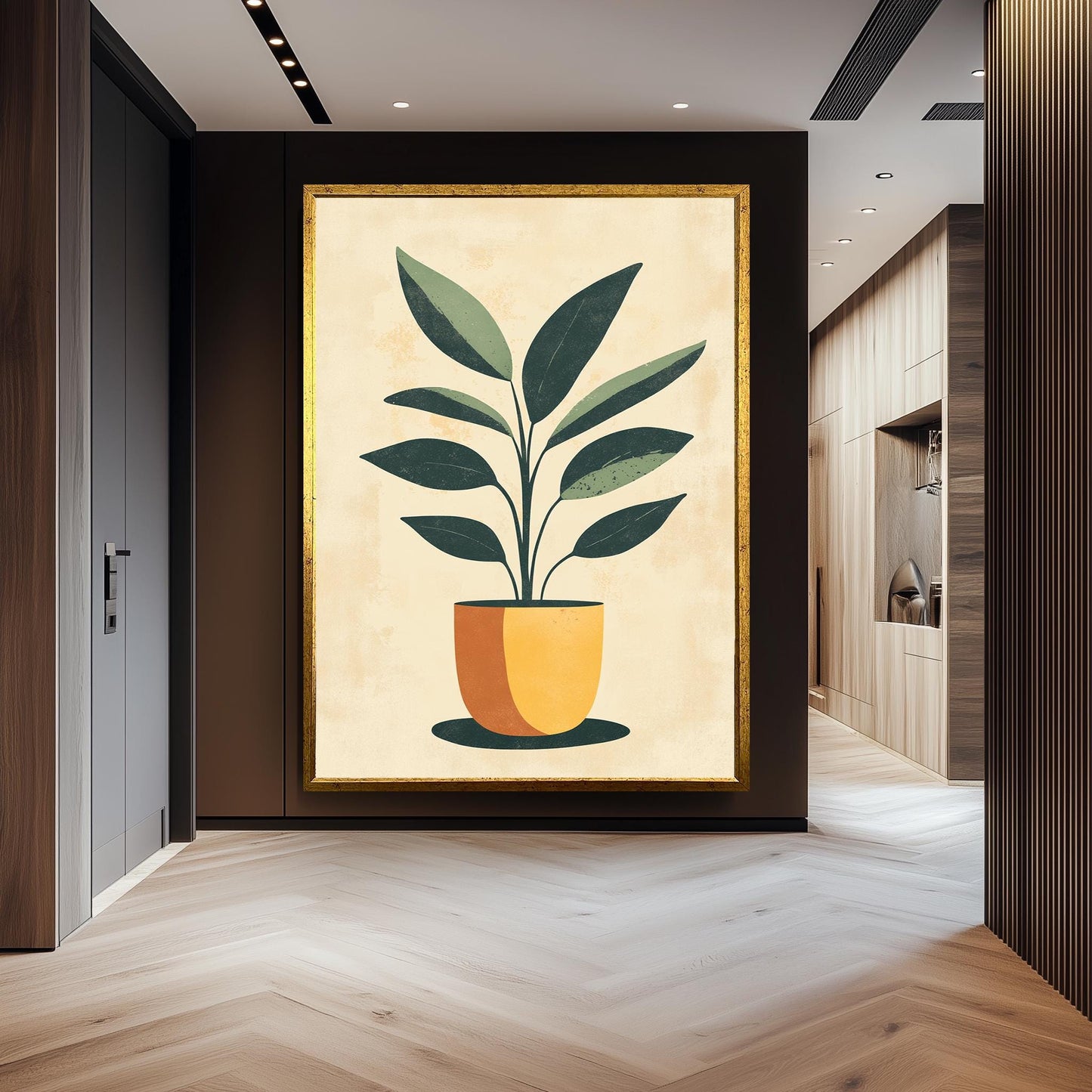 Mid Century Modern Plant Print: Green Leaf in Yellow Pot