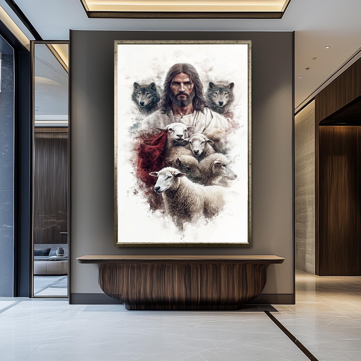 Jesus, Sheep, and Wolves Christian Art: Good Shepherd Religious Print
