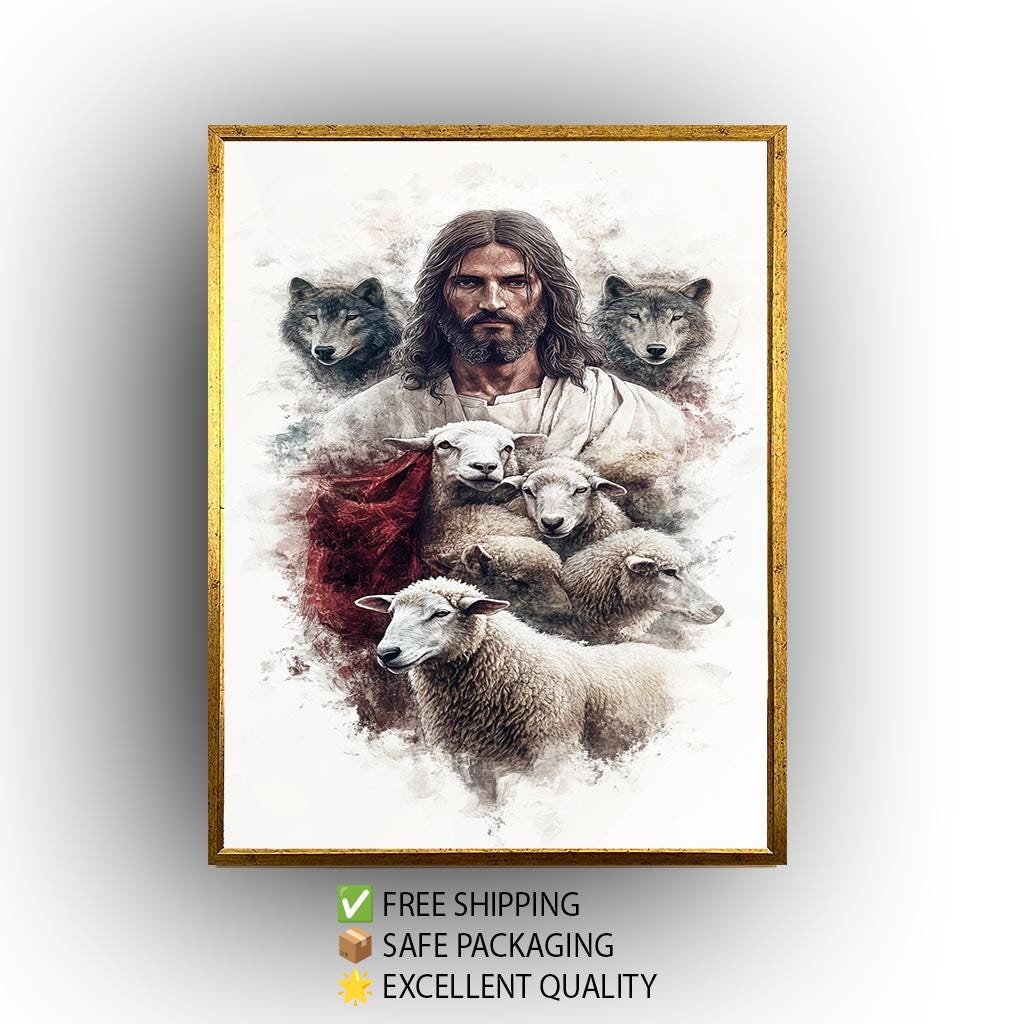 Jesus, Sheep, and Wolves Christian Art: Good Shepherd Religious Print