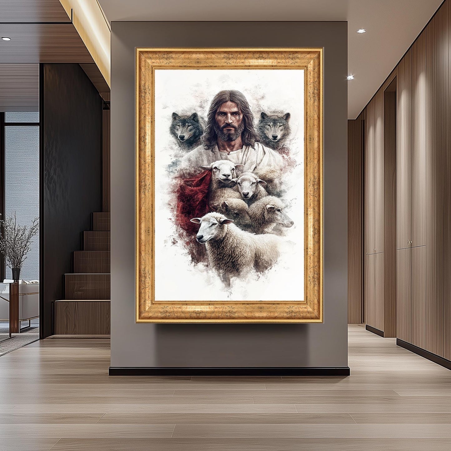 Jesus, Sheep, and Wolves Christian Art: Good Shepherd Religious Print