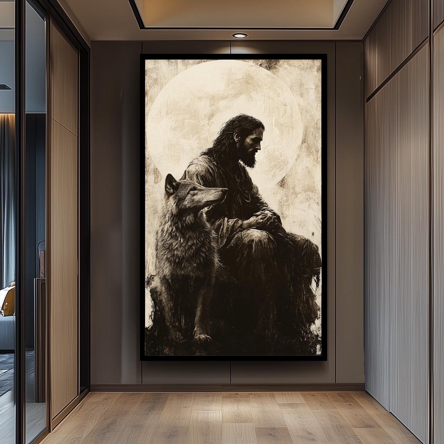 Jesus and Wolf Art Print: Monochrome Christian Symbolism