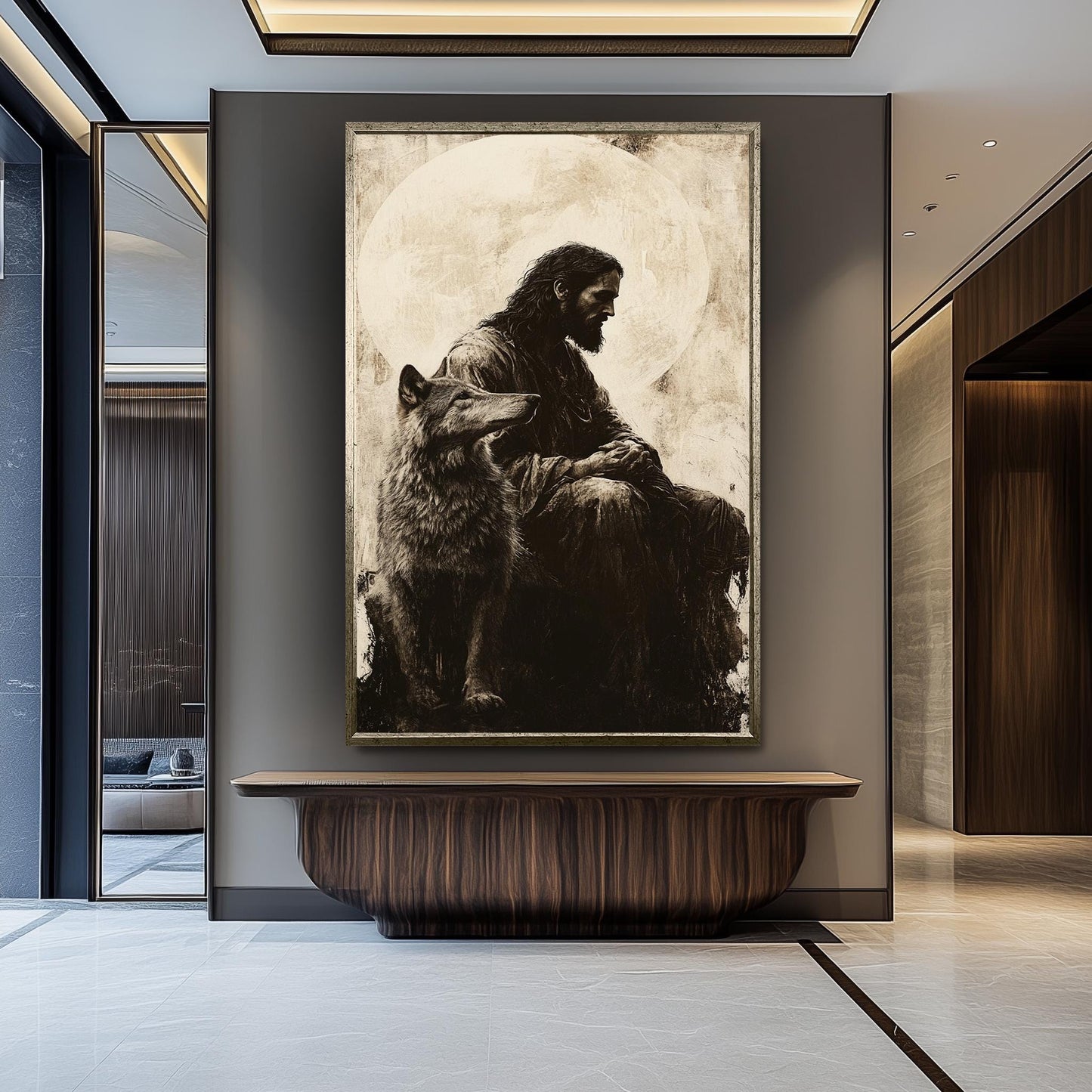 Jesus and Wolf Art Print: Monochrome Christian Symbolism