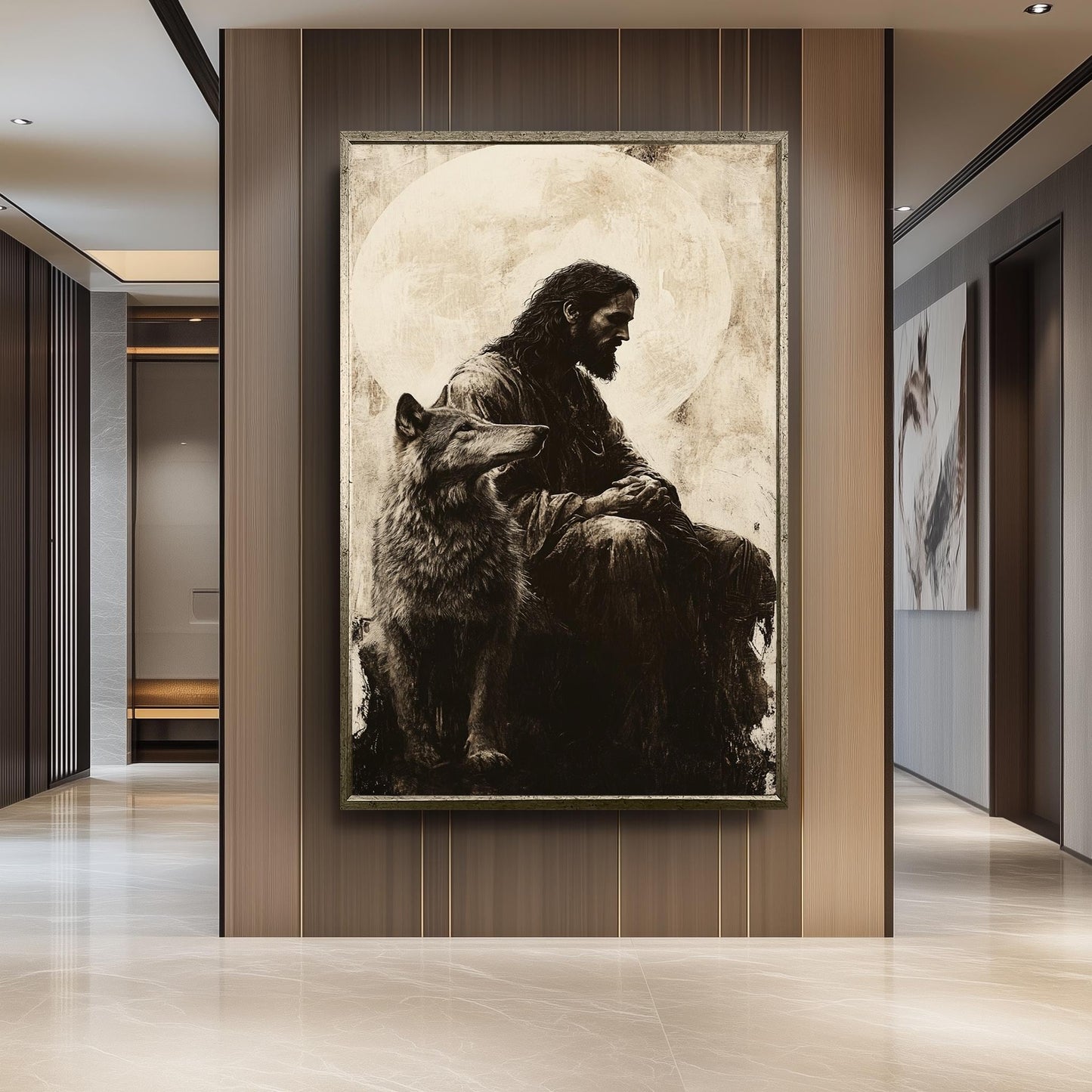 Jesus and Wolf Art Print: Monochrome Christian Symbolism