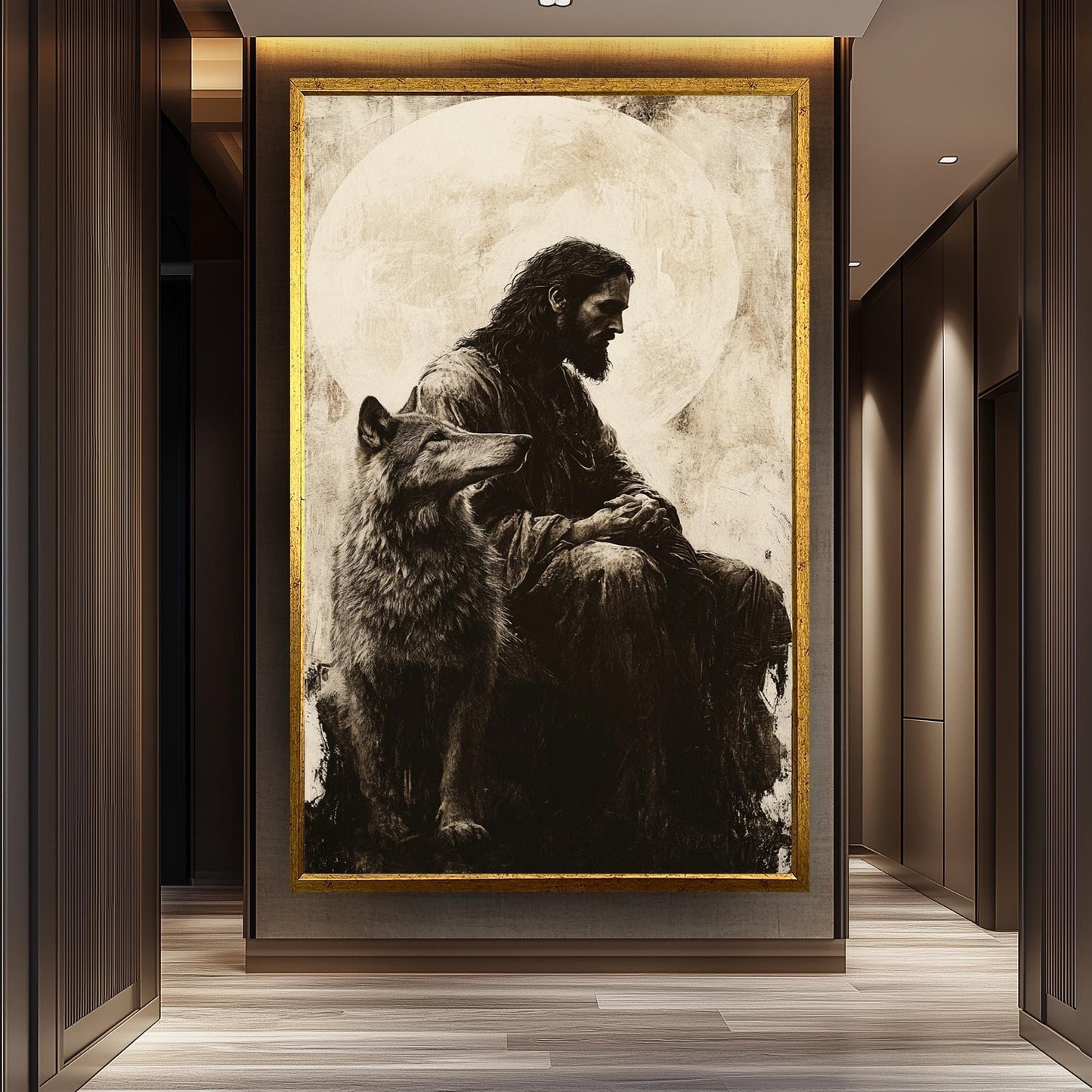 Jesus and Wolf Art Print: Monochrome Christian Symbolism