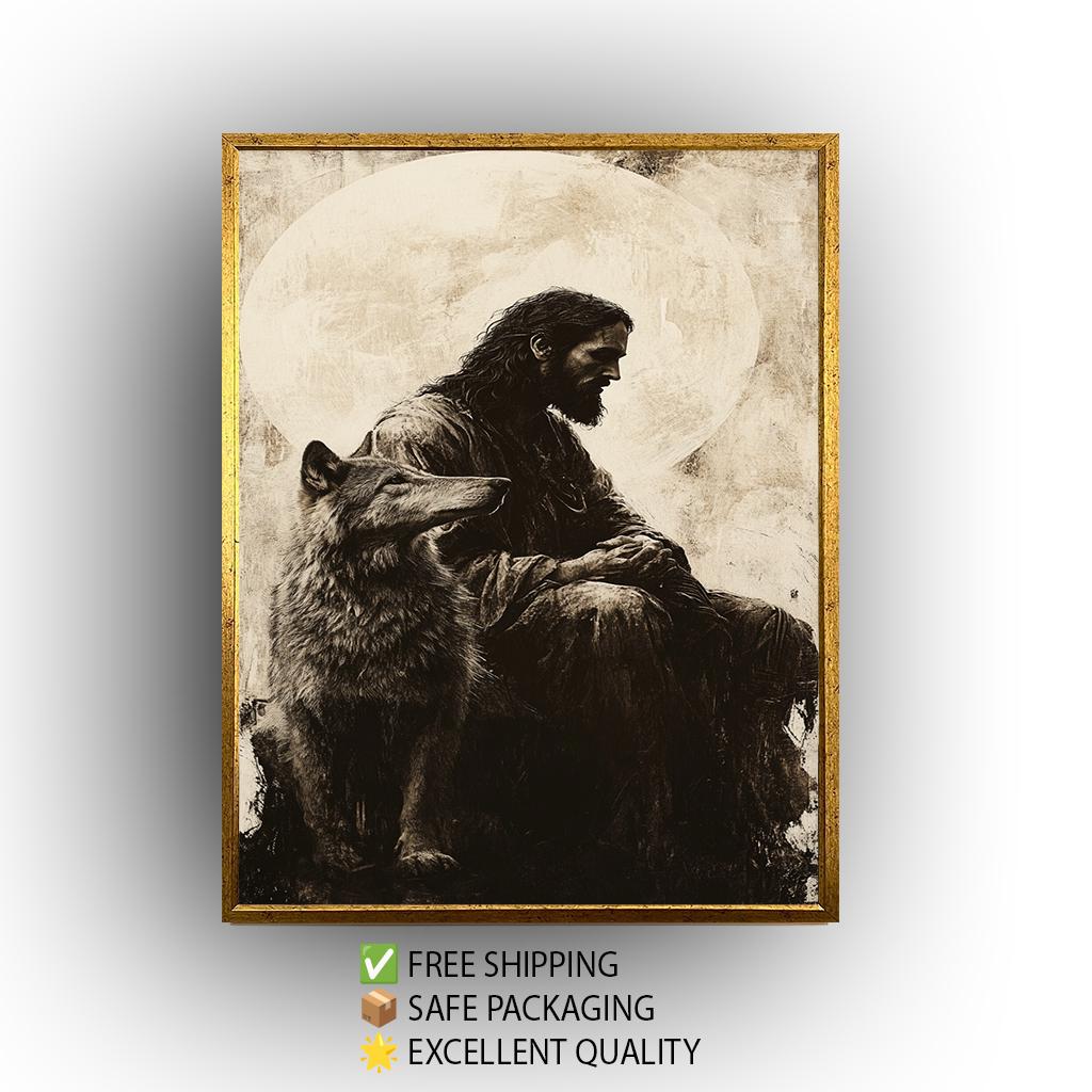 Jesus and Wolf Art Print: Monochrome Christian Symbolism