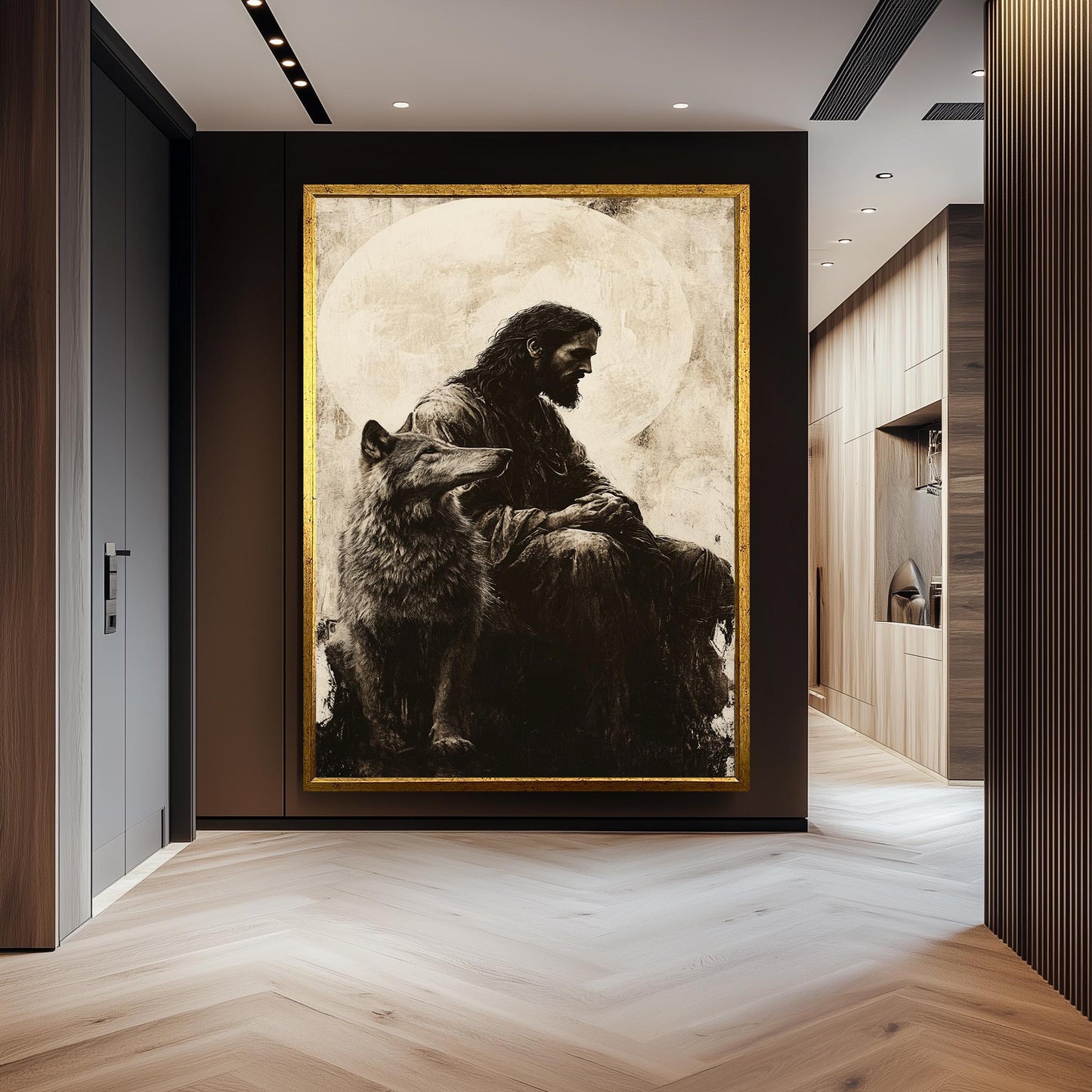 Jesus and Wolf Art Print: Monochrome Christian Symbolism