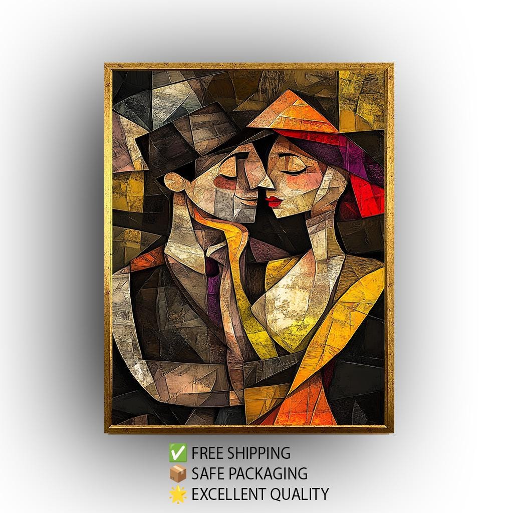 Cubist Couple Canvas Print: Abstract Geometric Art, Romantic Home Decor