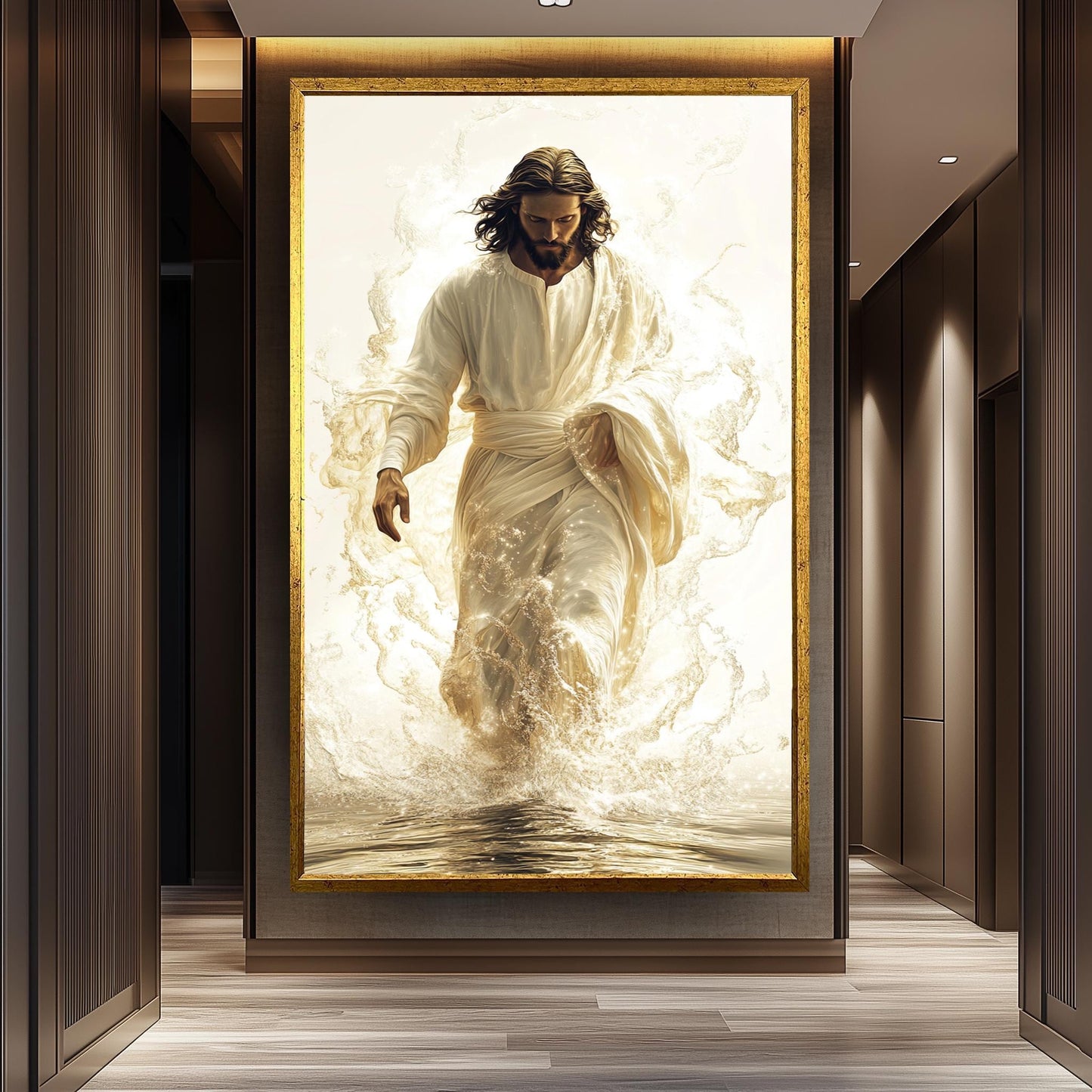 Jesus Walking on Water Canvas Print: Gold Christian Wall Art