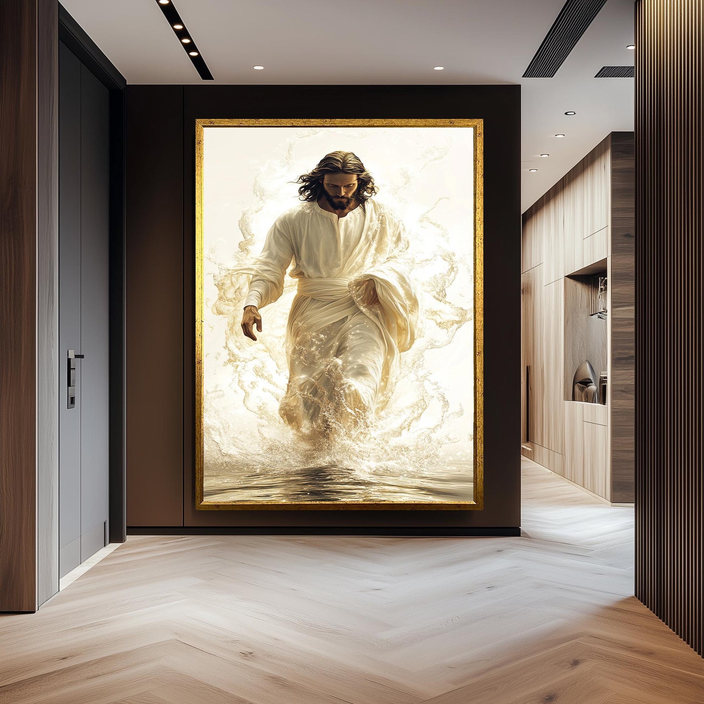 Jesus Walking on Water Canvas Print: Gold Christian Wall Art