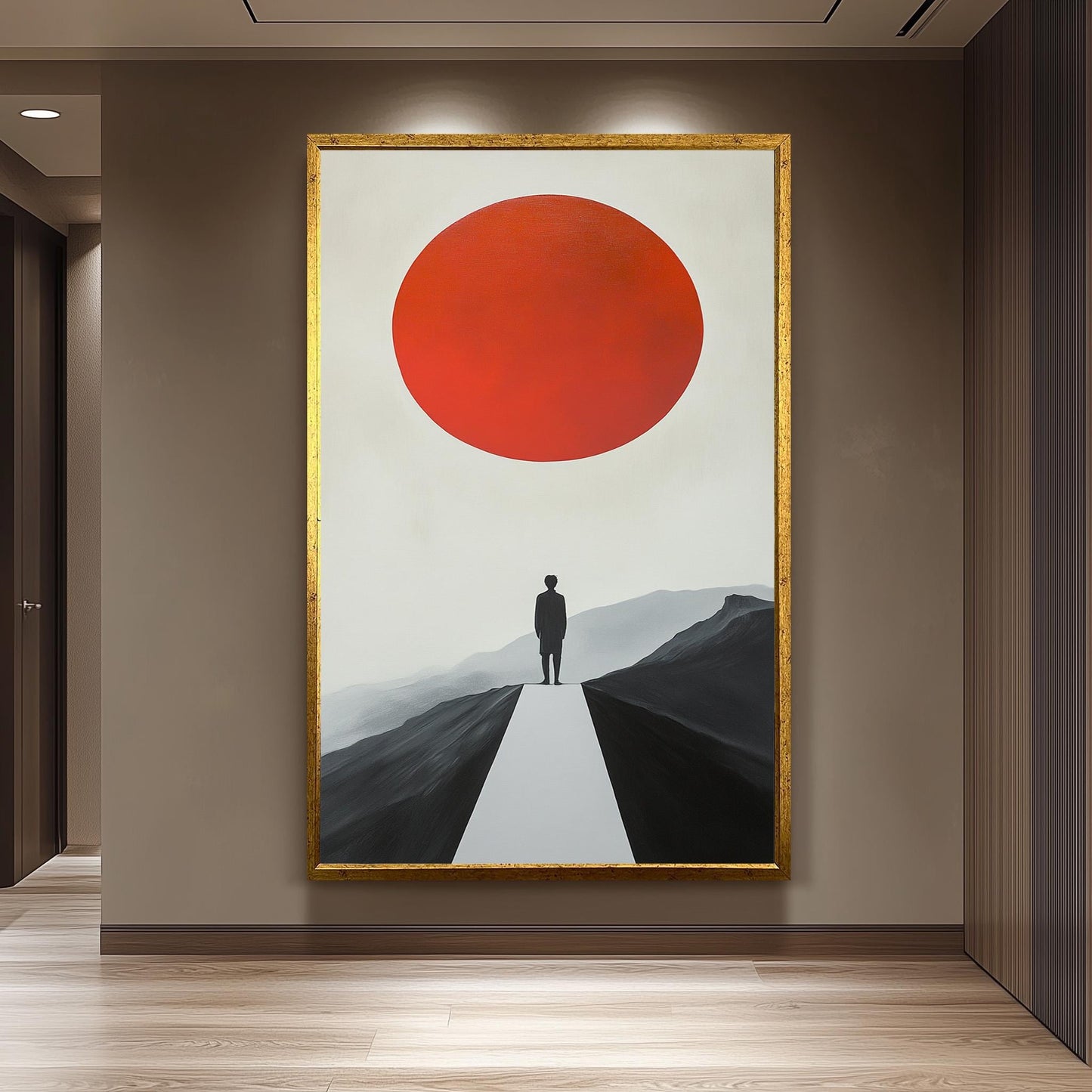 Minimalist Red Sun Landscape Art Print: Modern Surreal Decor