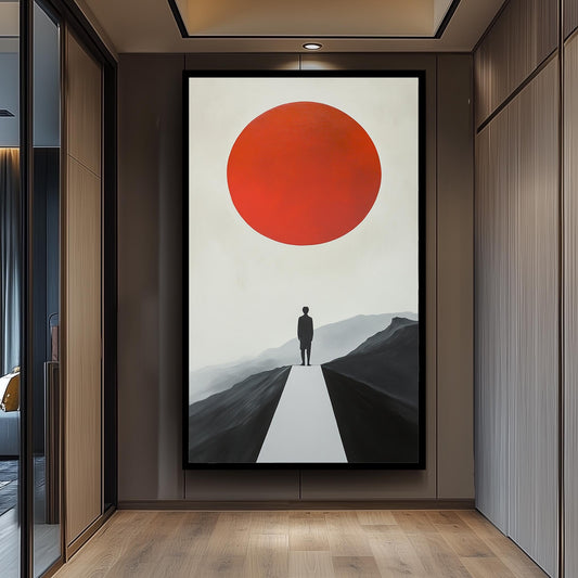 Minimalist Red Sun Landscape Art Print: Modern Surreal Decor