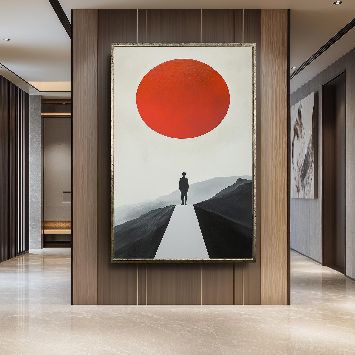 Minimalist Red Sun Landscape Art Print: Modern Surreal Decor