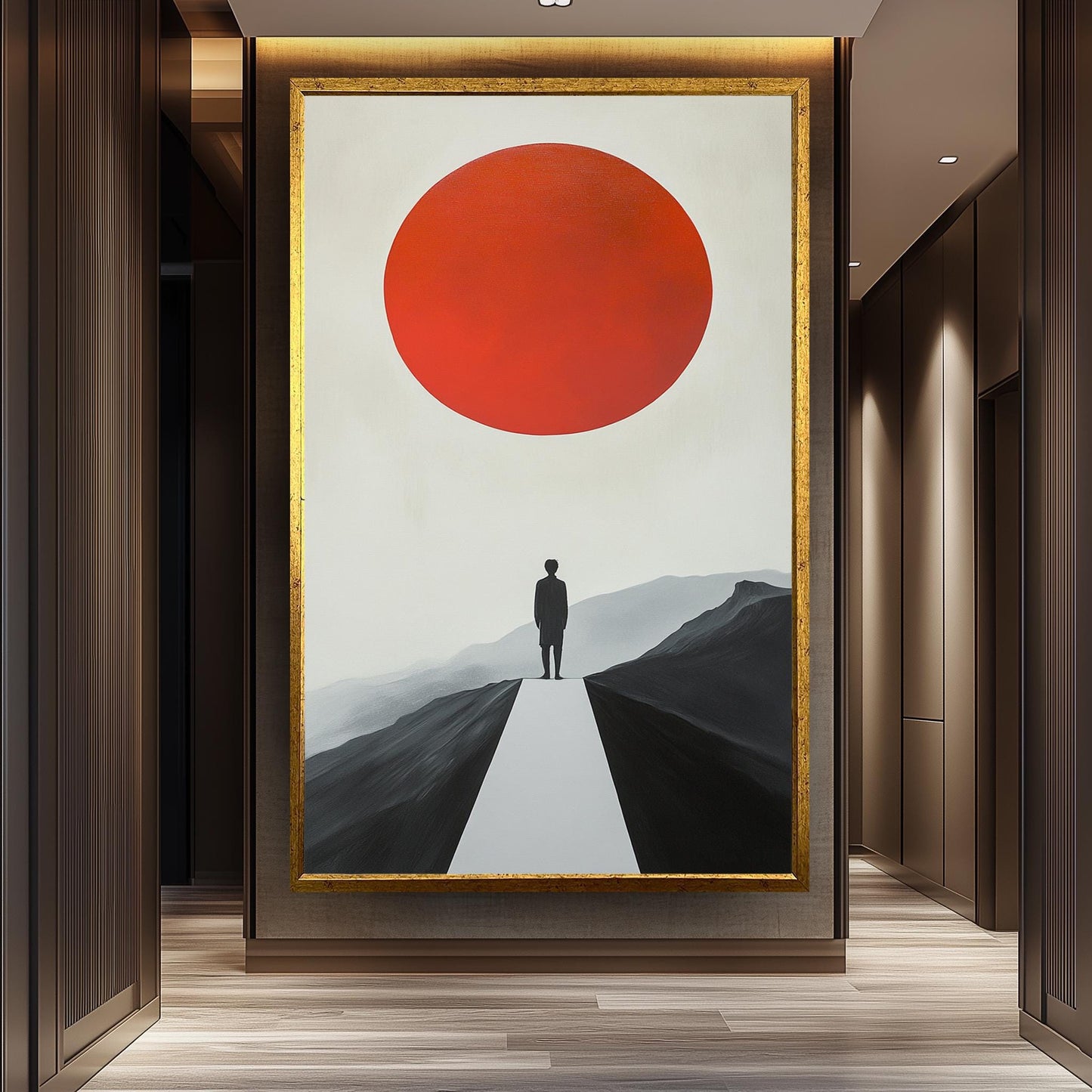 Minimalist Red Sun Landscape Art Print: Modern Surreal Decor