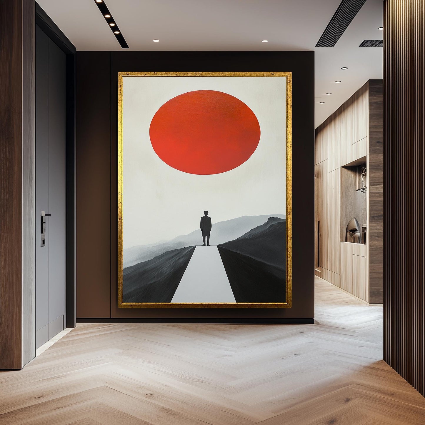 Minimalist Red Sun Landscape Art Print: Modern Surreal Decor