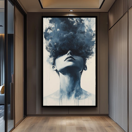 Monochrome Woman Portrait Canvas Print: Surreal Cloud Head Art