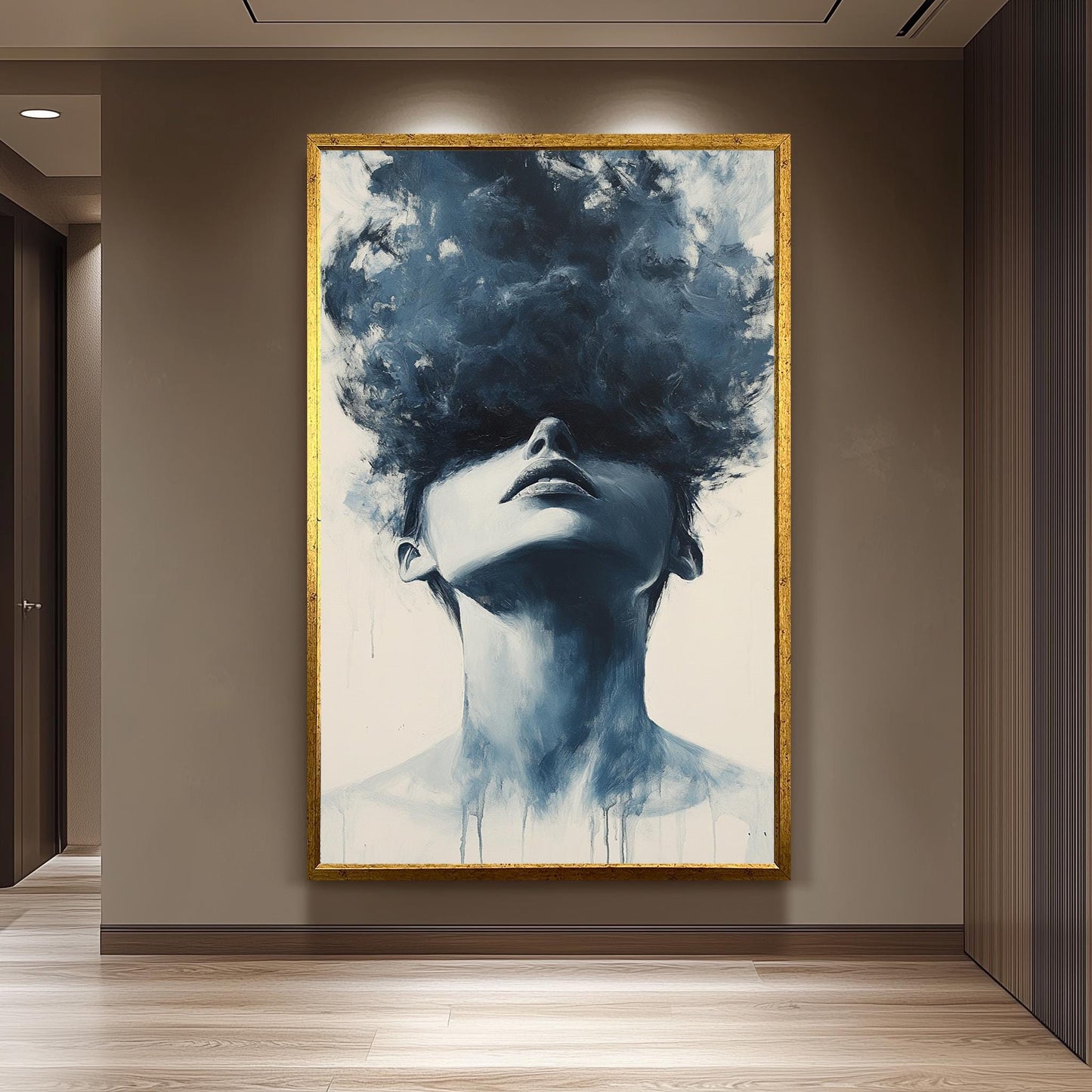 Monochrome Woman Portrait Canvas Print: Surreal Cloud Head Art