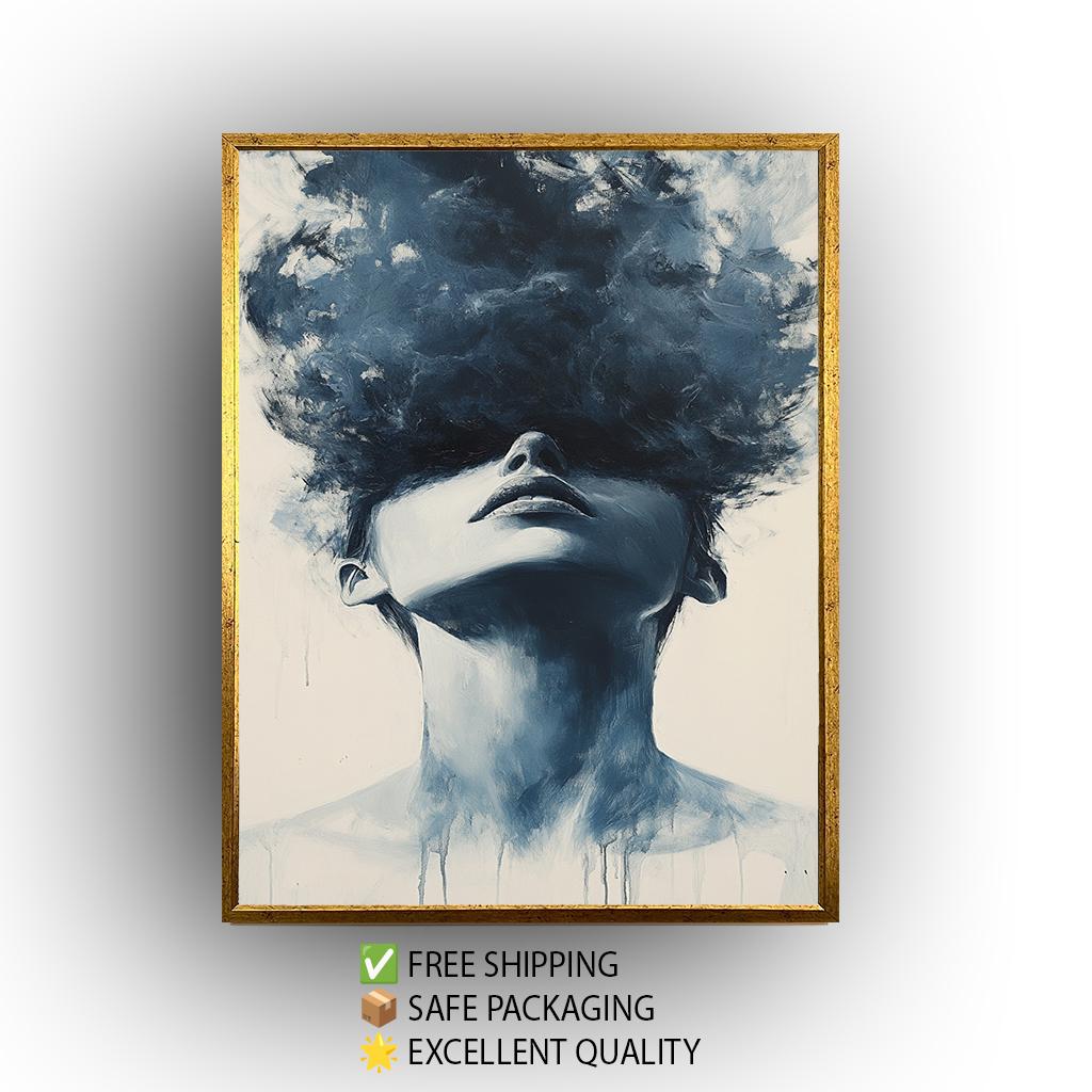 Monochrome Woman Portrait Canvas Print: Surreal Cloud Head Art