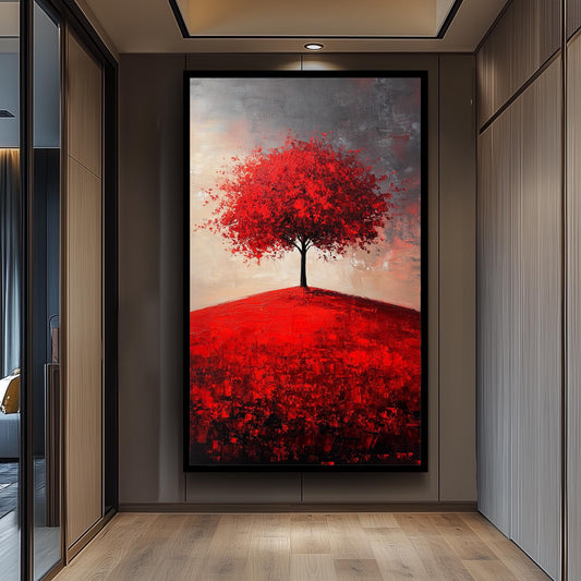 Red Tree Canvas Print: Abstract Landscape Painting, Textured Brushstrokes