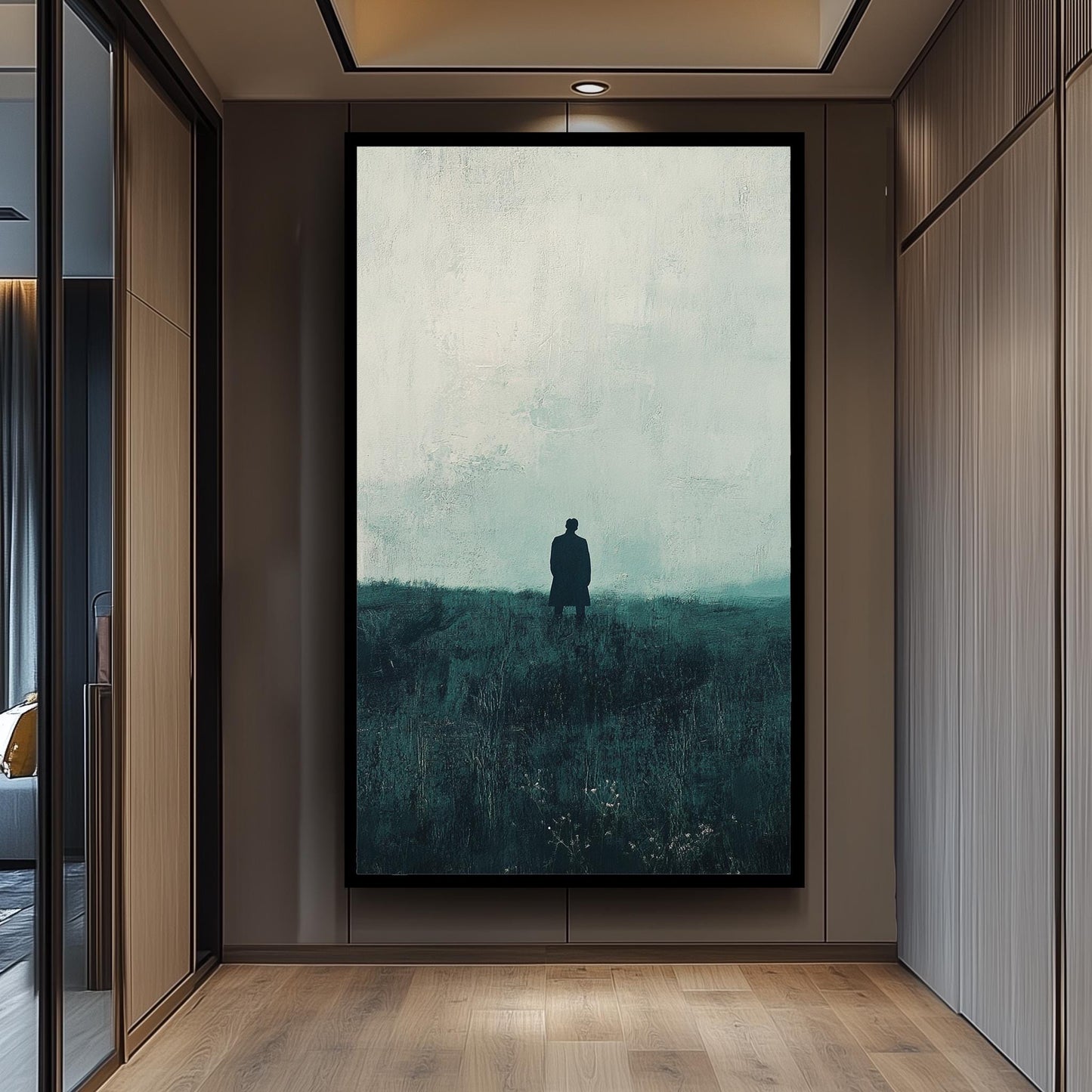Minimalist Figure in Field Canvas Print: Atmospheric Abstract Wall Art