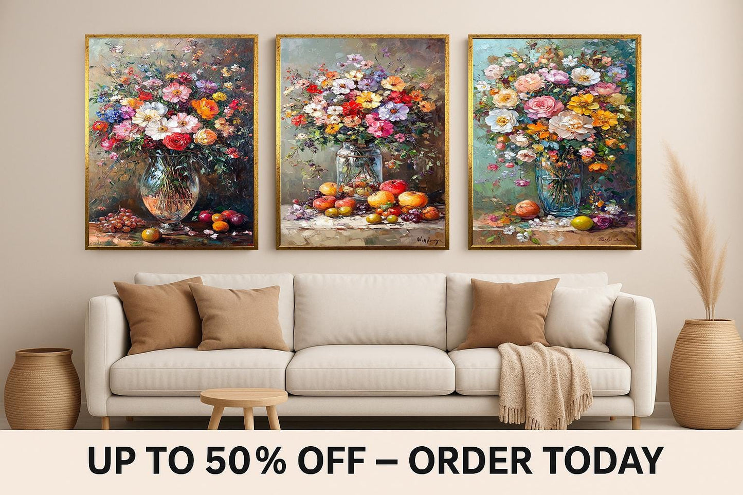 Floral Still Life Canvas Print Set: Vintage Flower Bouquet Wall Art