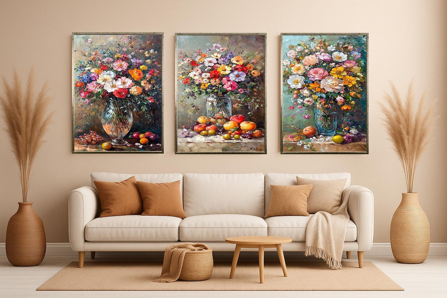 Floral Still Life Canvas Print Set: Vintage Flower Bouquet Wall Art