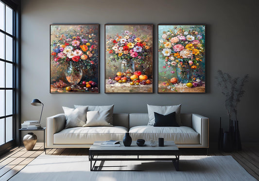 Floral Still Life Canvas Print Set: Vintage Flower Bouquet Wall Art